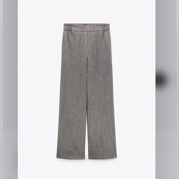 Zara Grey WIDE LEG HERRINGBONE PANTS Size Large - Picture 12 of 14